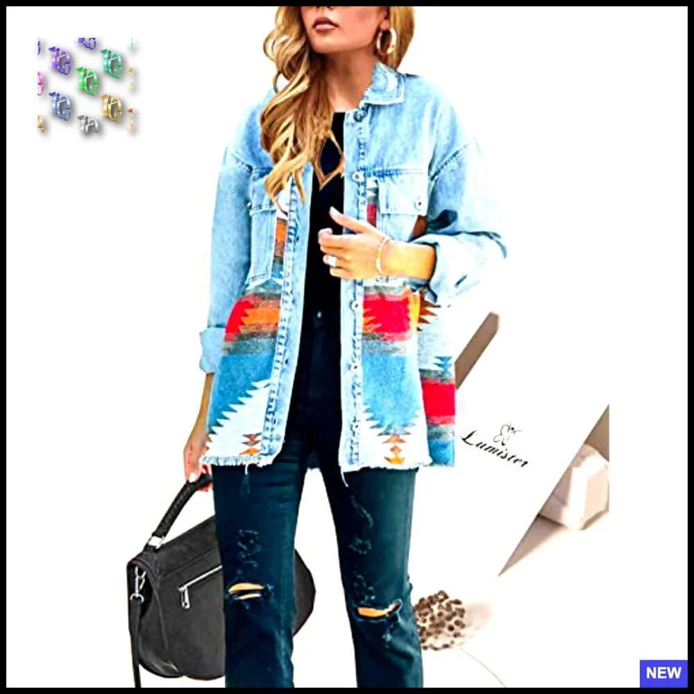 Vintage Aztec Denim Jacket Distressed Lapel Long Sleeve Button Down Shacket - Picture 2 of 7
